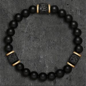 Men's lava rock and obsidian stretchy beaded bracelet with gold accents